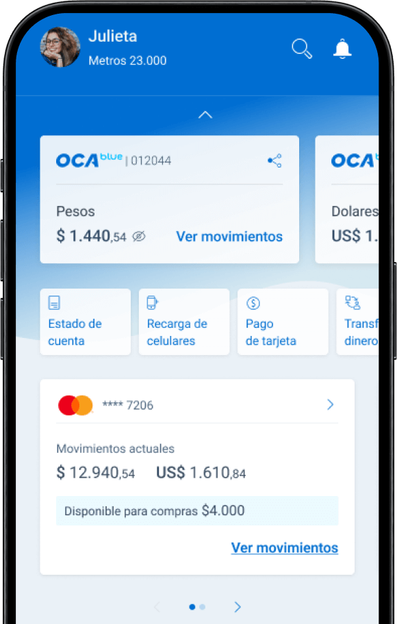 Imagen de un celular mostrando la aplicación móvil de OCA con interfaz de usuario